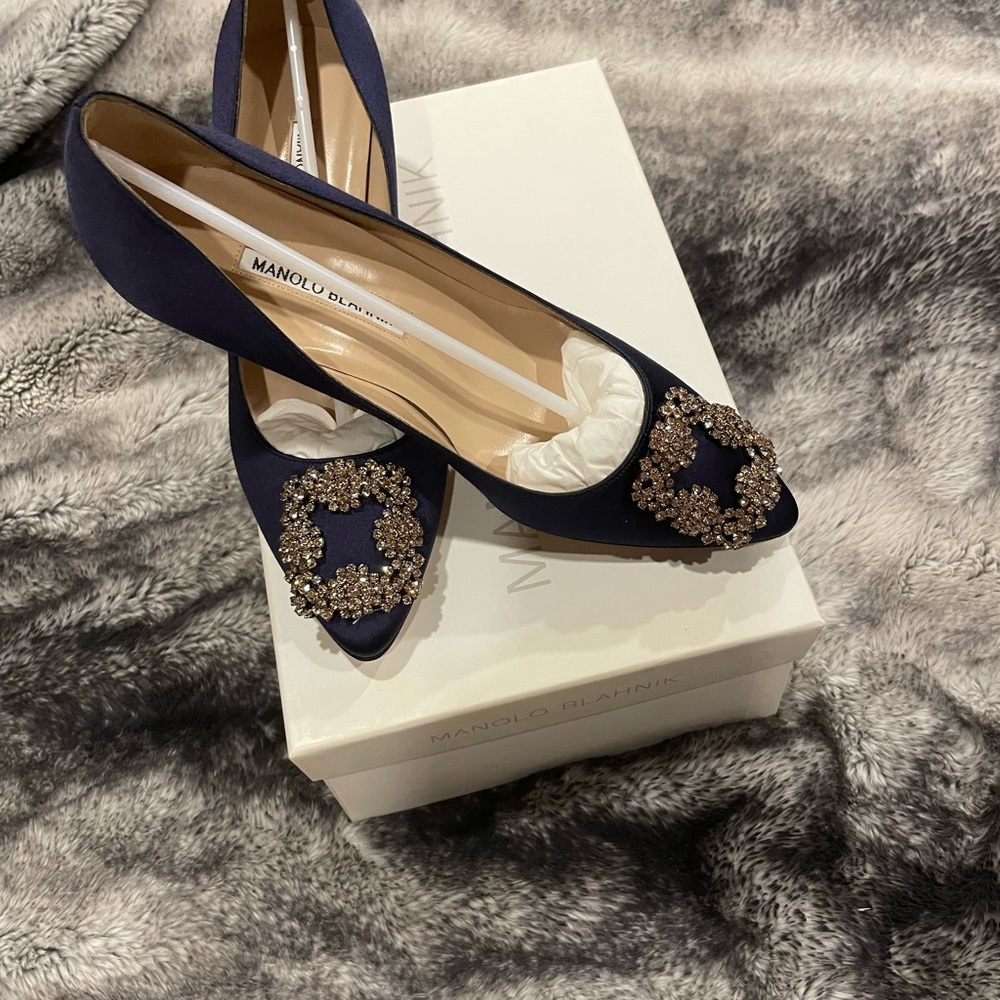 Manolo Blahnik Blue and Gold Heels